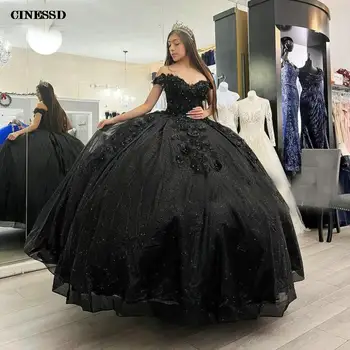 Черное Пышное Платье с 3D Цветами и Кристаллами, Бальное Платье С Открытыми Плечами, Кружевной Корсет С Аппликациями, Сладкое 15 Vestidos De Quinceañera