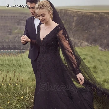 Черное свадебное платье с V-образным вырезом и длинными рукавами, кружевные аппликации трапециевидной формы, готическое свадебное платье с открытой спиной, шлейф, Блестящий халат De Mariée