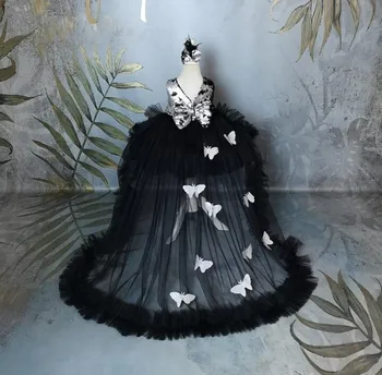 Черные Серебристые Тюлевые платья для маленьких девочек с бабочками и блестками Детское платье для вечеринки по случаю Дня рождения Платье для первого причастия Фотография