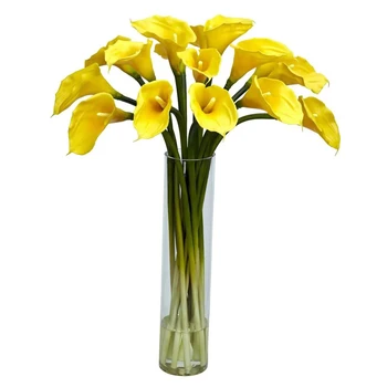 Шелковая цветочная композиция с цилиндрической вазой, желтая