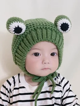 Шерстяная шапка Осень-зима little frog cute wind для мальчиков и девочек, детская шапка на шнуровке, защита ушей, ветрозащитная детская шапочка