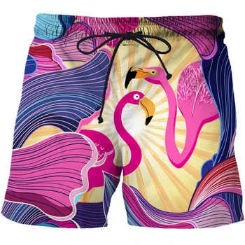 Шорты для купания, негабаритные пляжные шорты для взрослых, Летние мужские шорты с фламинго, повседневные пляжные шорты с 3D принтом, 2023 г.