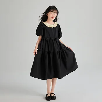 Элегантные платья для вечеринок Для девочек Подростков от 10 до 14 лет Летнее Черное Длинное платье Детская одежда для праздника