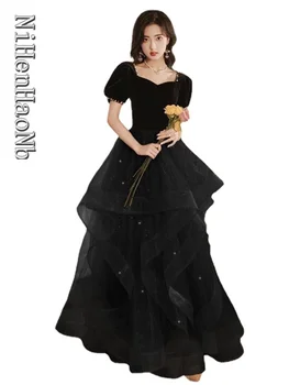 Элегантные пышные платья Черного цвета С коротким рукавом, Длинная женская одежда трапециевидной формы