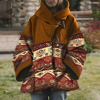 Этническое винтажное пальто в стиле пэчворк с геометрическим принтом, женская шаль, теплое шерстяное пальто, куртка, осень-зима, кардиган с длинными рукавами и карманами, топ-кардиган